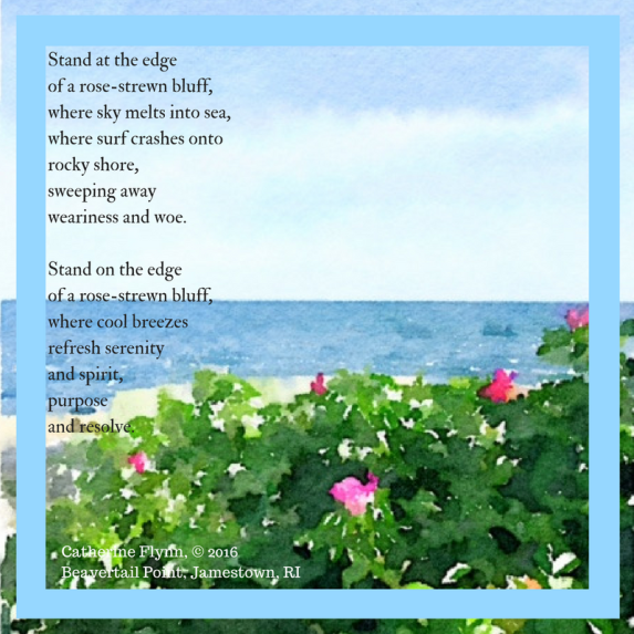 Sky melts into seaSurf crashes onto rocky shoreBeneath a rose-strewn bluff